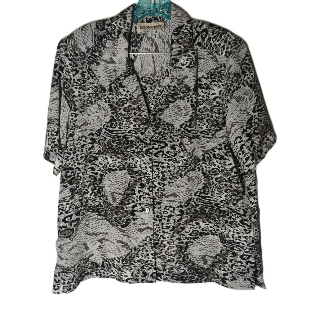 DonnKenny Womens XL Petite Black Gray Animal Printβ Button Up Dress Shirt Blouse